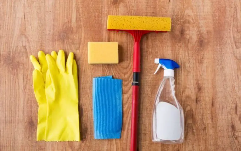 cleaning tools on laminate floor